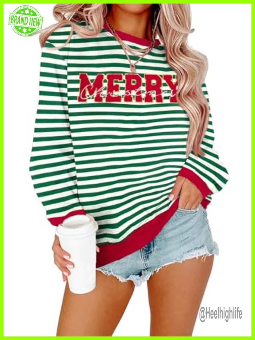 Women's Embroidered Merry Christmas Sweatshirt Striped Pullover